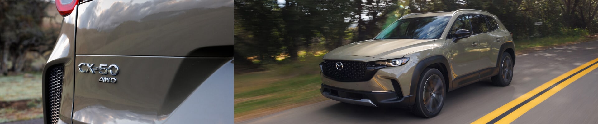 New Mazda CX-50 in Zircon Sand Metallic driving with trees in the background