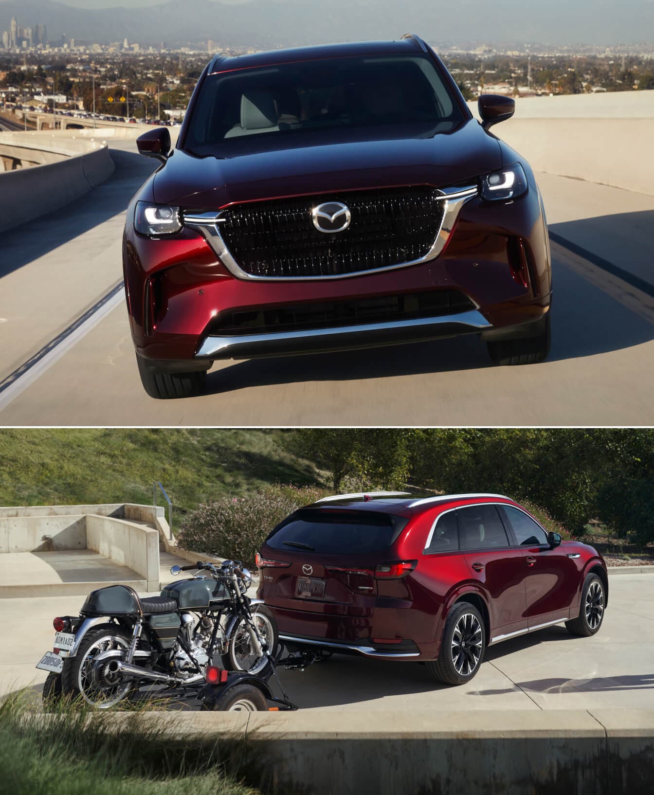 2026 Mazda CX-90 3.3 Turbo S Premium Plus in Artisan Red driving on the highway and towing a motorcycle