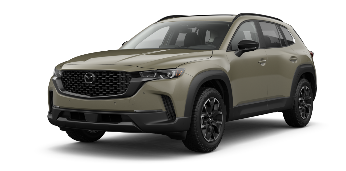 Front three-quarter studio view of a dark green Mazda CX-50 Meridien SUV on a transparent background.