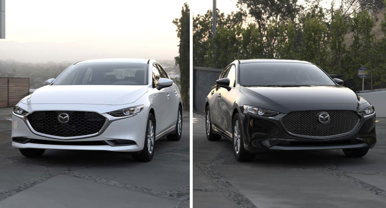 2026 Mazda3 Sedan vs Hatchback comparison in Snowflake White Pearl and Jet Black Mica.
