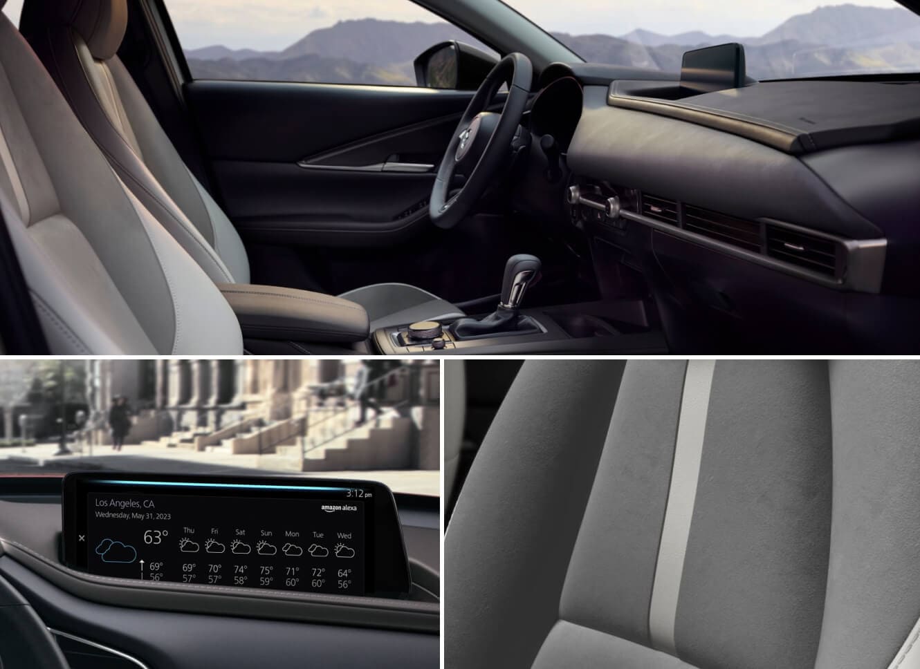 Interior views of Mazda CX-30 showing the cockpit from the passenger side and close-ups of touchscreen and trim material.