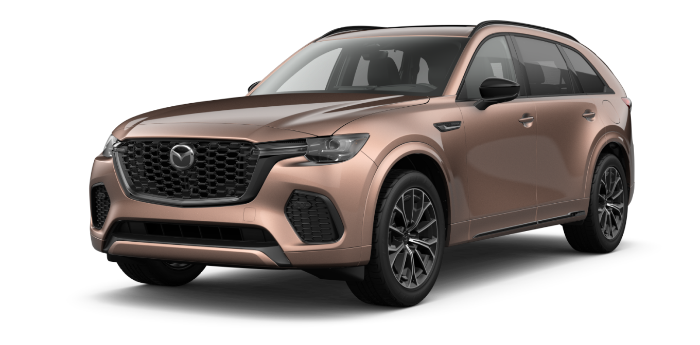 Front three-quarter studio view of a copper Mazda CX-70 Turbo S Premium SUV on a transparent background.