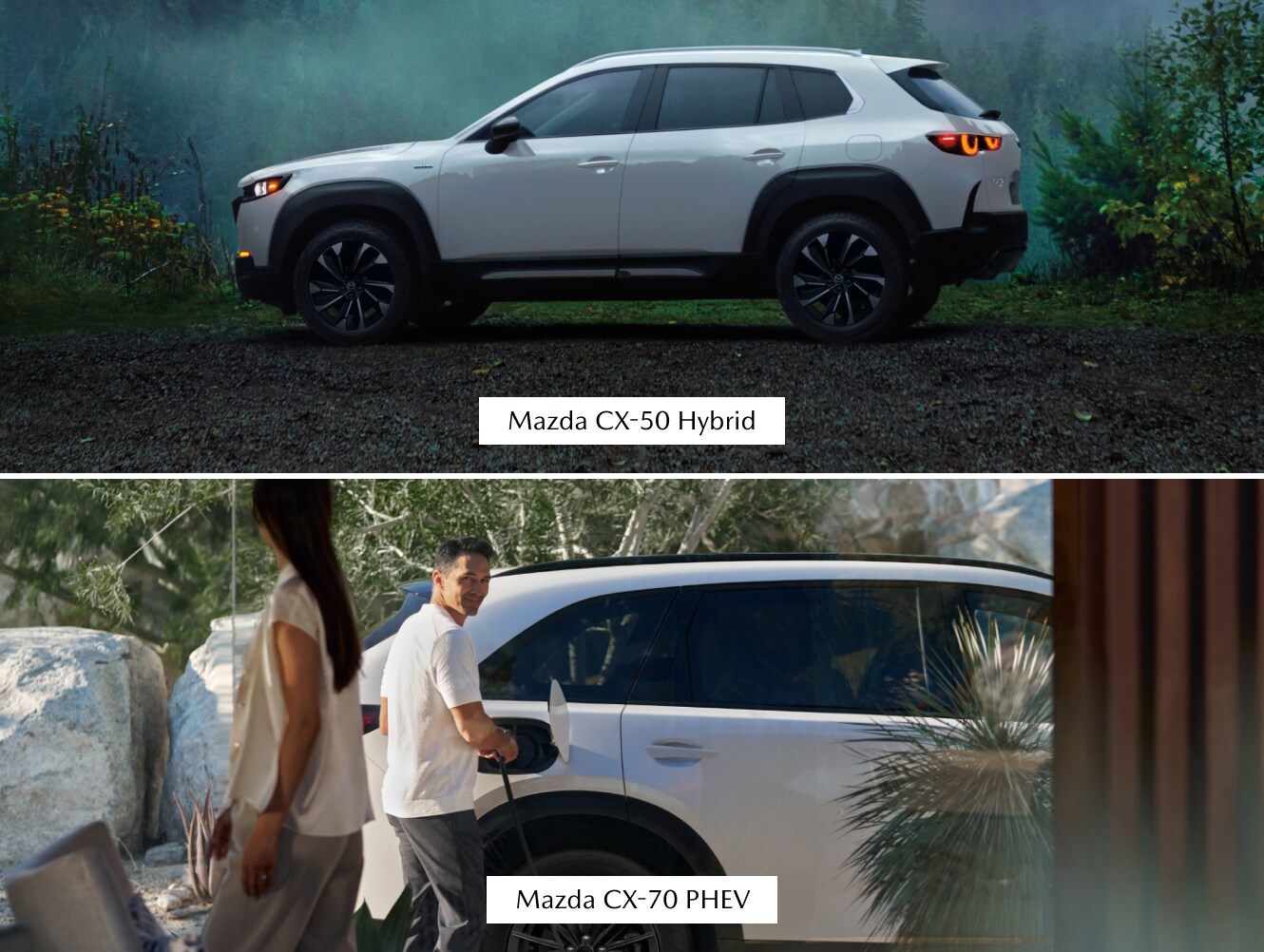 2026 Mazda CX-50 Hybrid side profile with a foggy forest backdrop and a man charging a Mazda CX-70 PHEV looking back at a woman