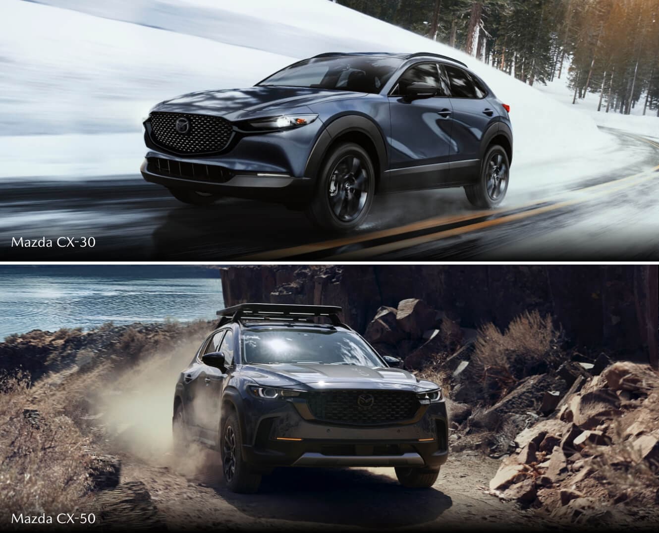 A blue Mazda CX-30 drives down a snowy road. A green Mazda CX-50 drives down a rocky mountain trail.