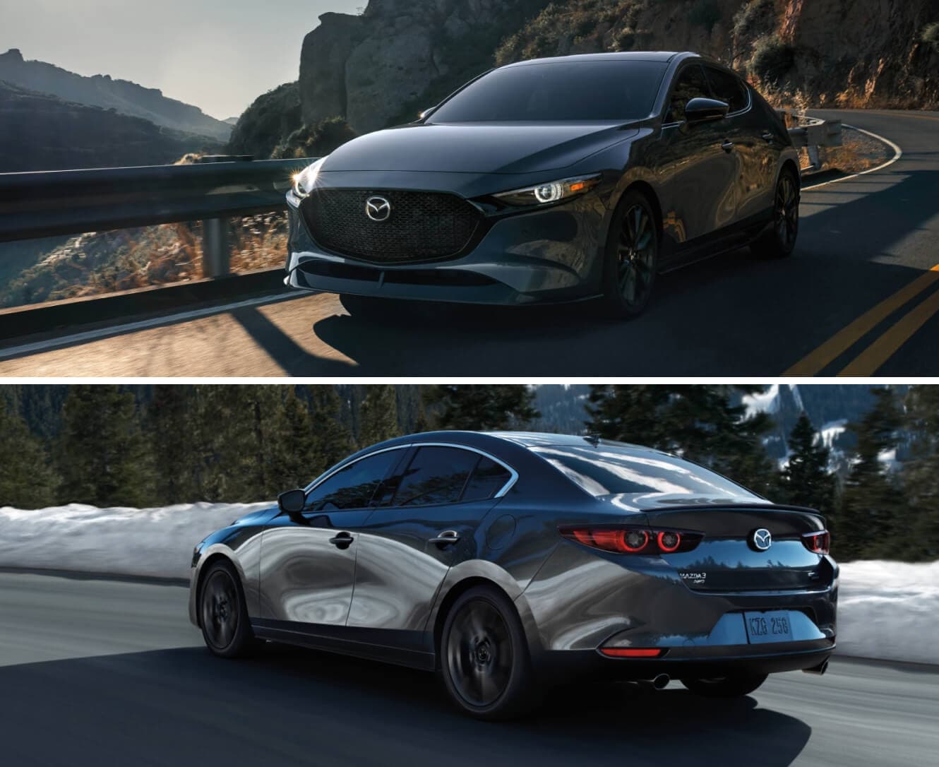 Two perspectives of a 2026 Mazda3 2.5 Turbo Premium Plus in Machine Grey Metallic driving on a scenic, curvy mountain road.