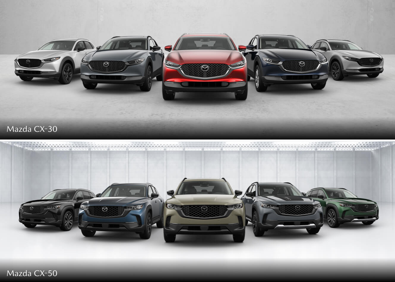 A side-by-side comparison of Mazda CX-30 and Mazda CX-50 color lineups with a bright warehouse backdrop.