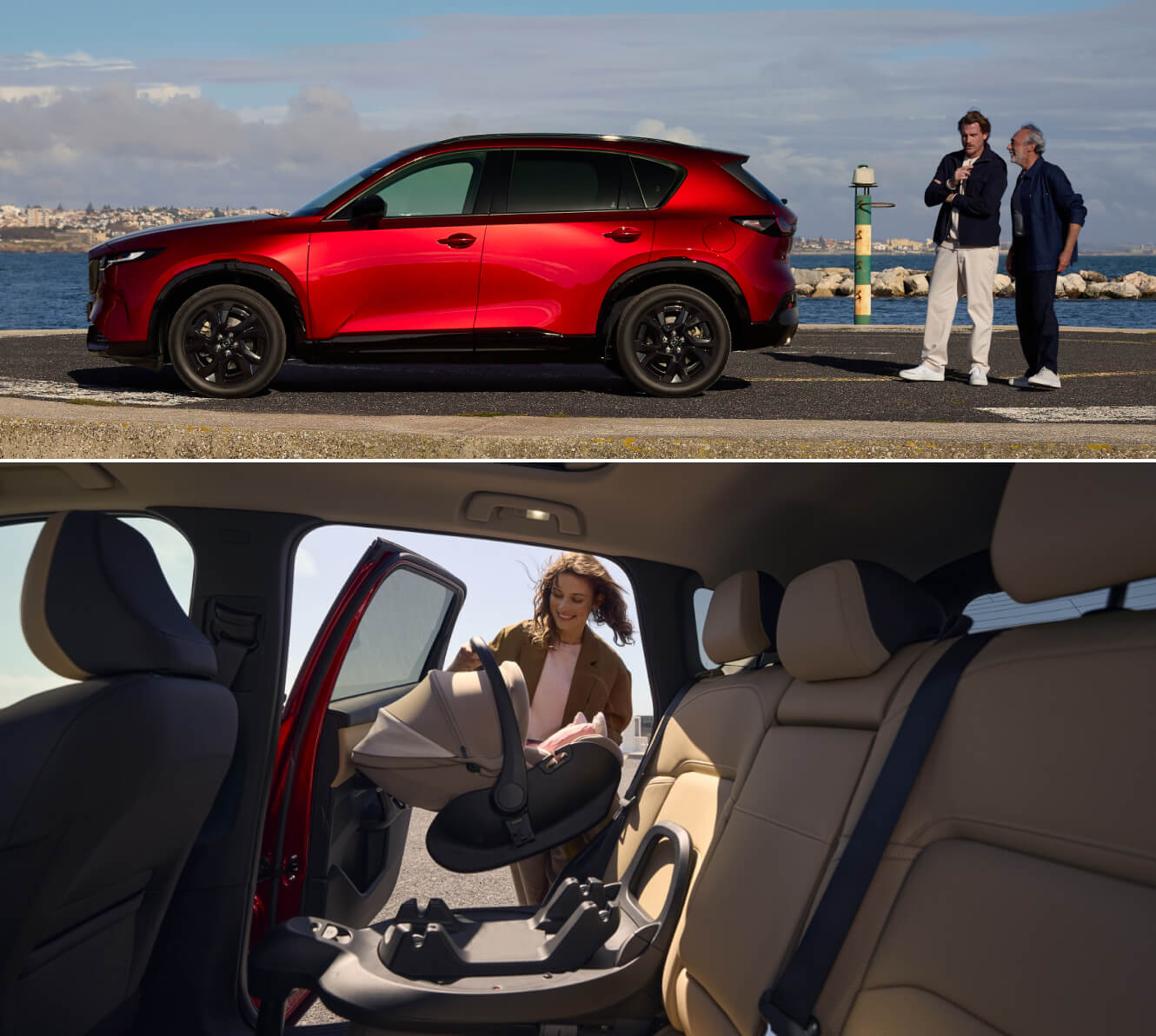 Interior and exterior shots of the 2026 Mazda CX-5 in red with tan interior
