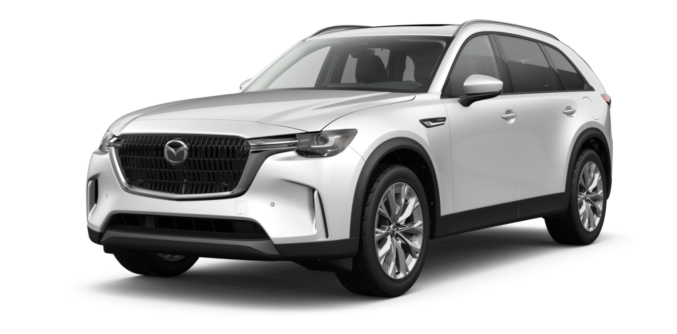 Front three-quarter studio view of a white Mazda CX-90 Preferred SUV on a transparent background.