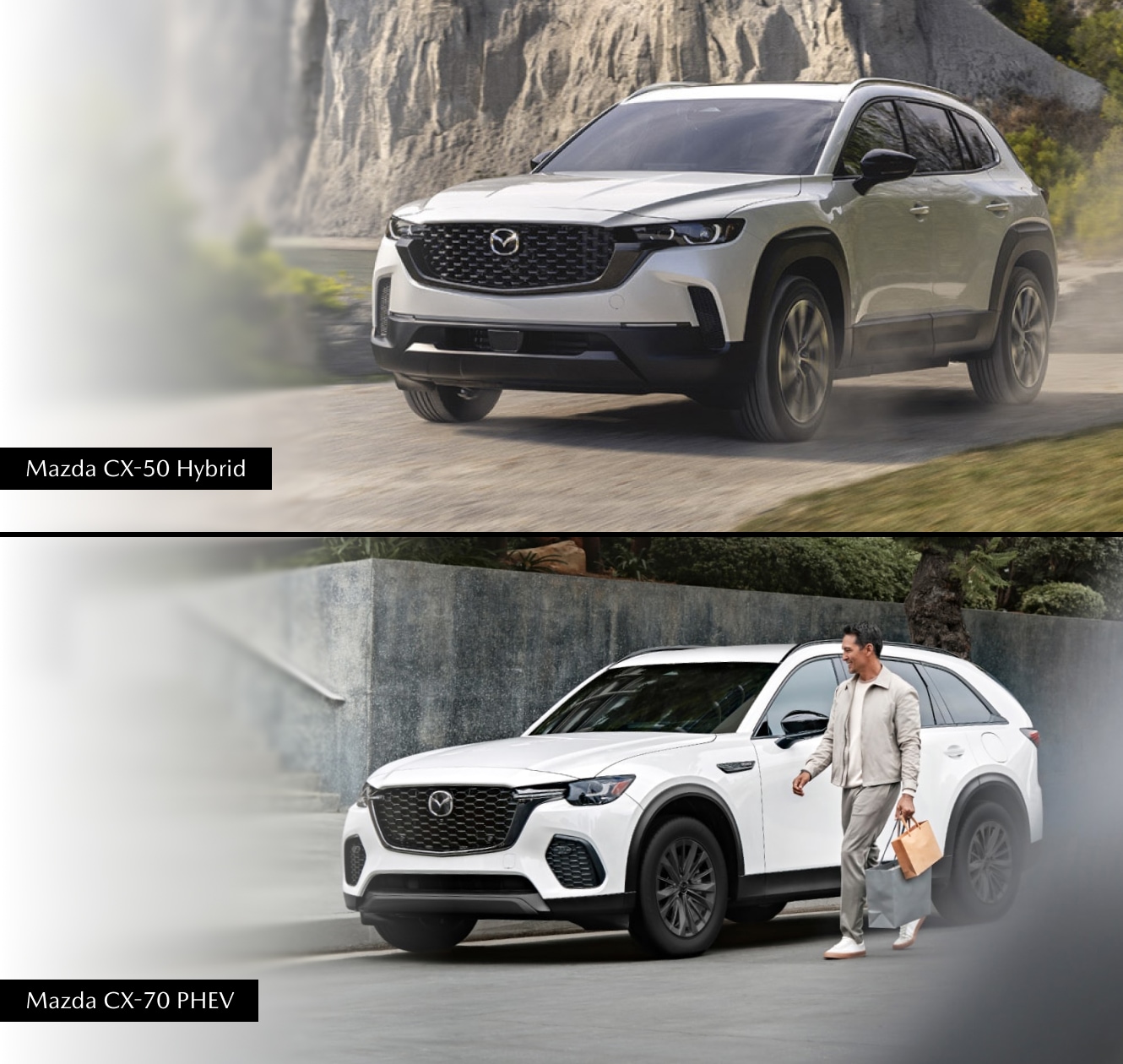 Mazda CX-50 Hybrid in gray and a 2026 CX-70 PHEV in white