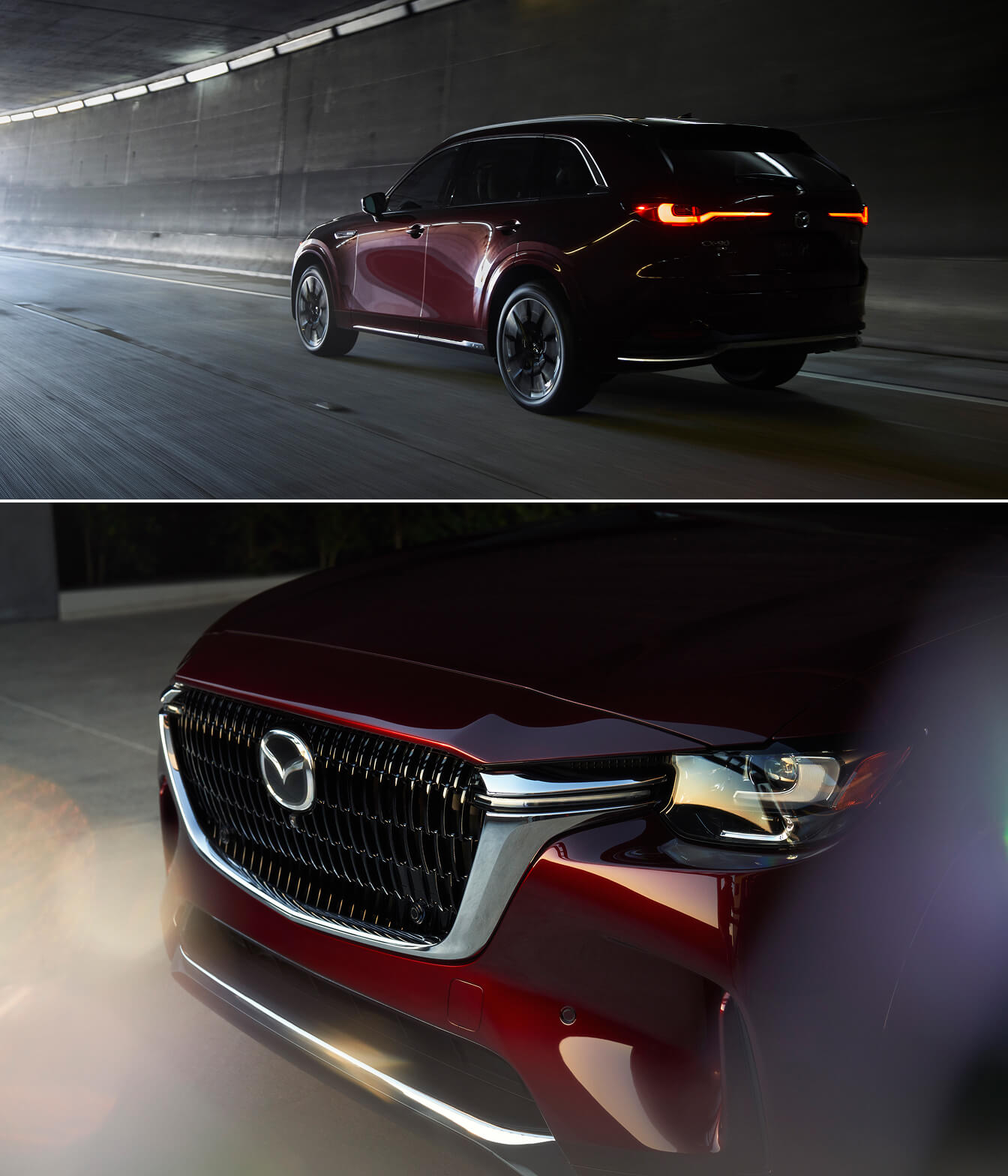 2026 Mazda CX-90 3.3 Turbo S Premium Plus in Artisan Red driving through a tunnel and a close-up image of the grill
