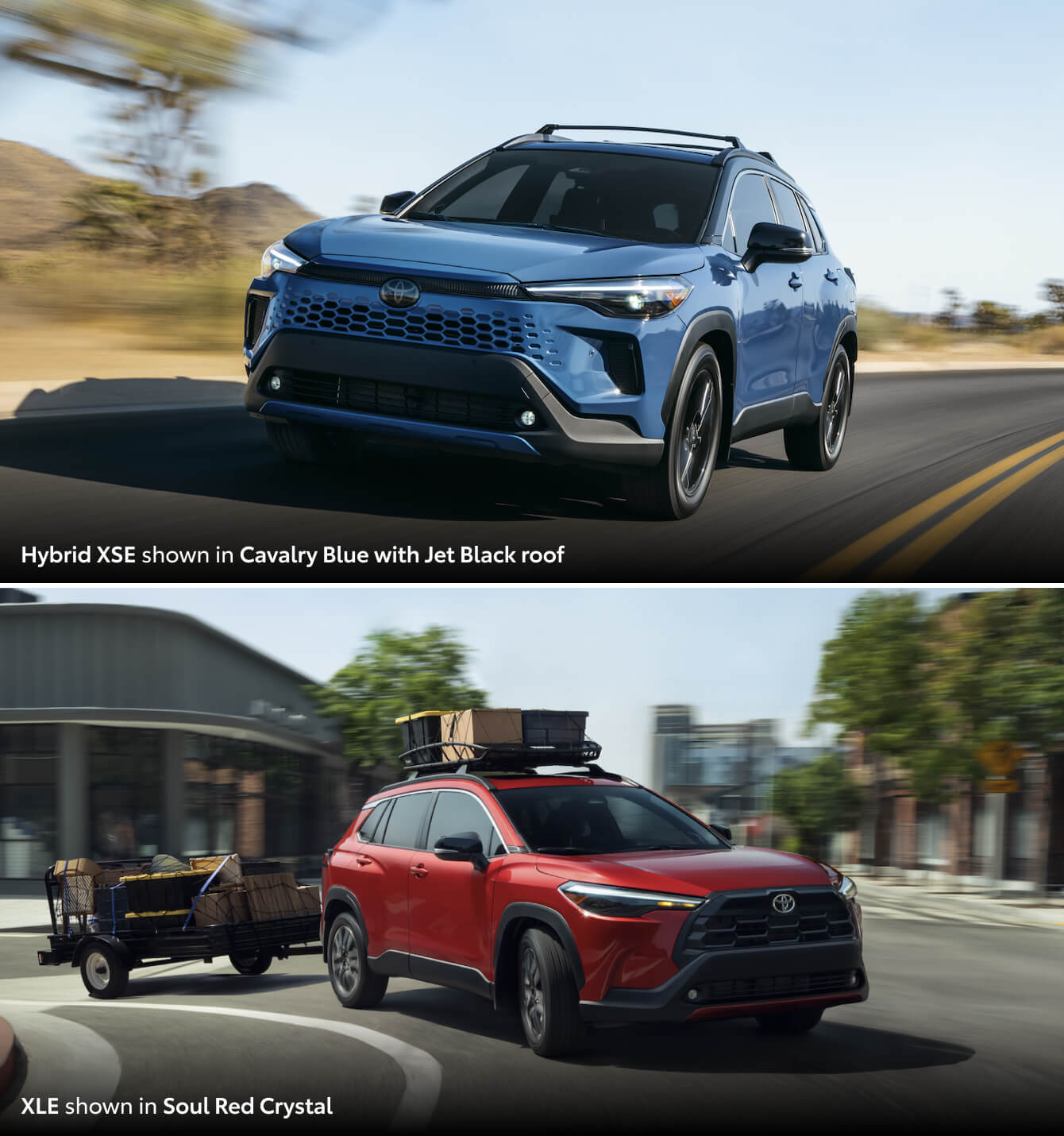 2026 Toyota Corolla Cross Hybrid XSE in Cavalry Blue with Jet Black roof / 2026 Toyota Corolla Cross XLE in Soul Red Crystal