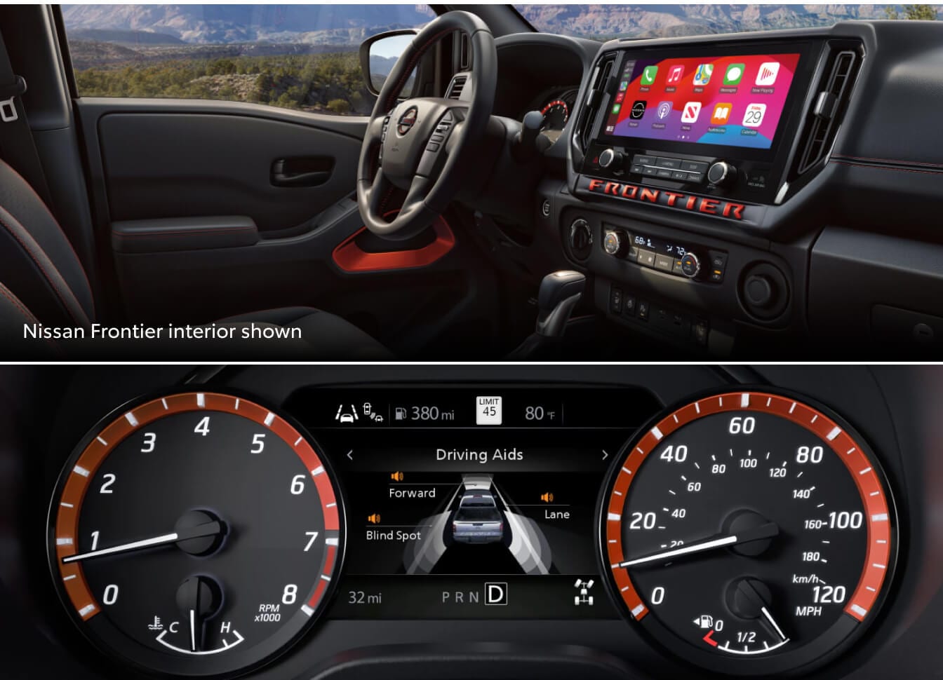 Front seat dashboard view and a close-up of the instrument cluster in a Nissan Frontier