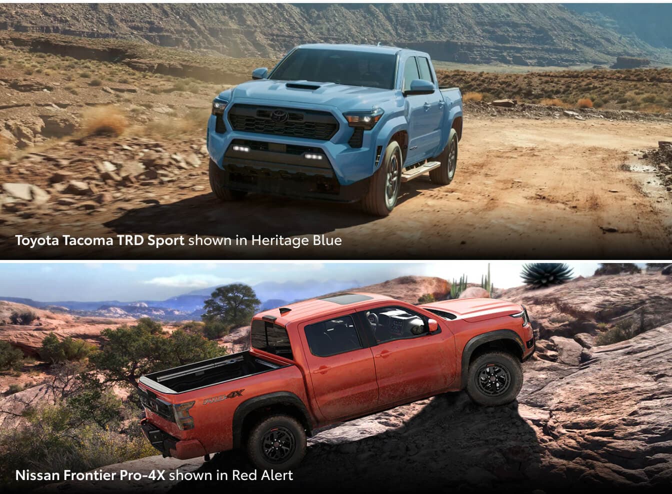 A light blue Toyota Tacoma and another image below of an orange Nissan Frontier