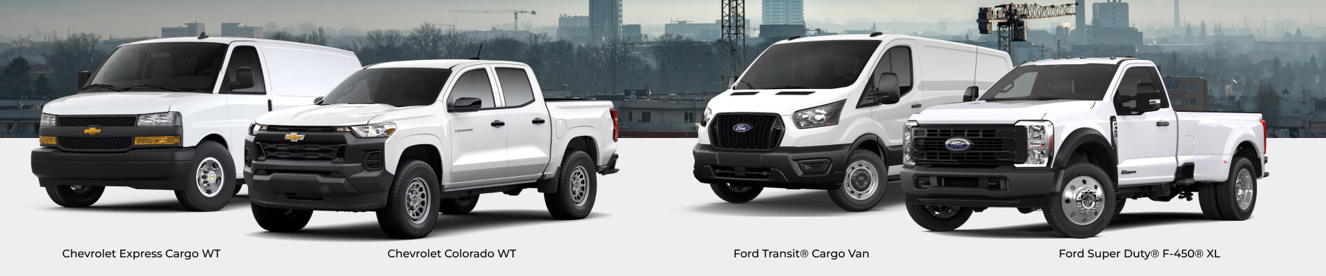 2026 Chevrolet Express Cargo WT and Colorado WT; 2026 Ford Transit Cargo Van and Super Duty F-450 XL line up.