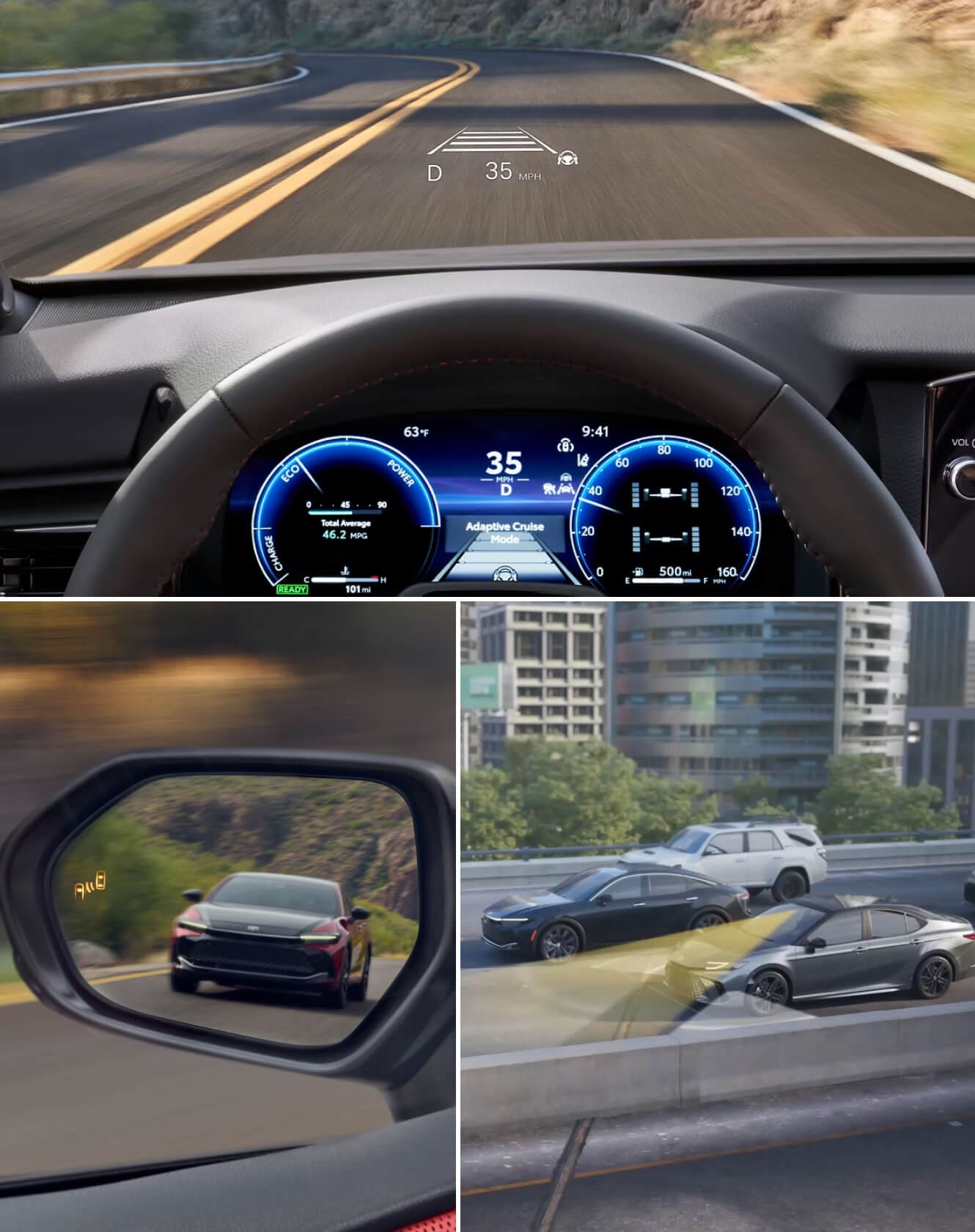Toyota Camry 12.3 inch digital gauge cluster and HUD, Toyota's standard blind spot monitor, and a visualization of Traffic Jam Assist features