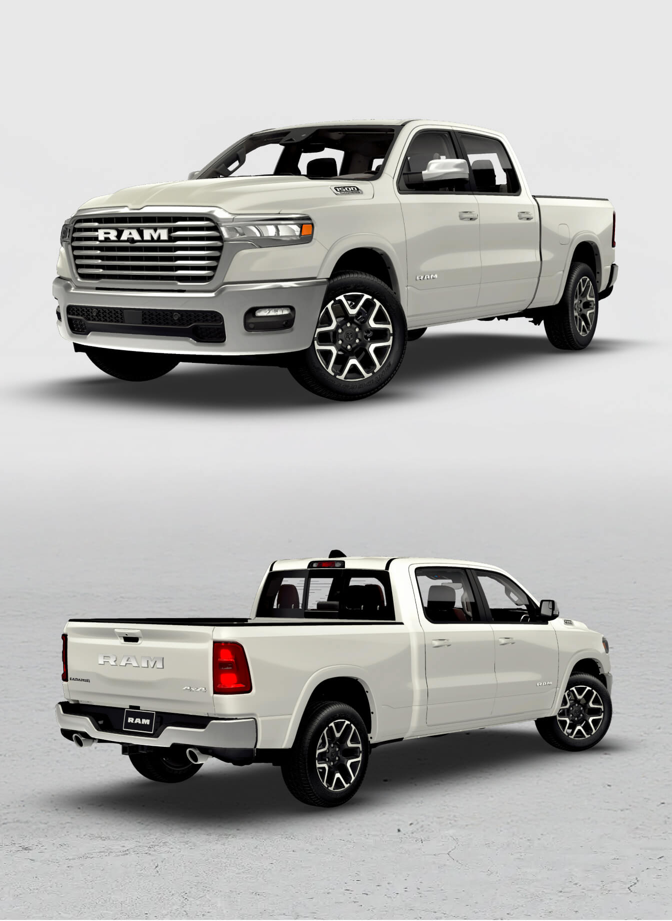 Front and back three-quarter view shots of the 2026 RAM 1500 Laramie in Ivory White