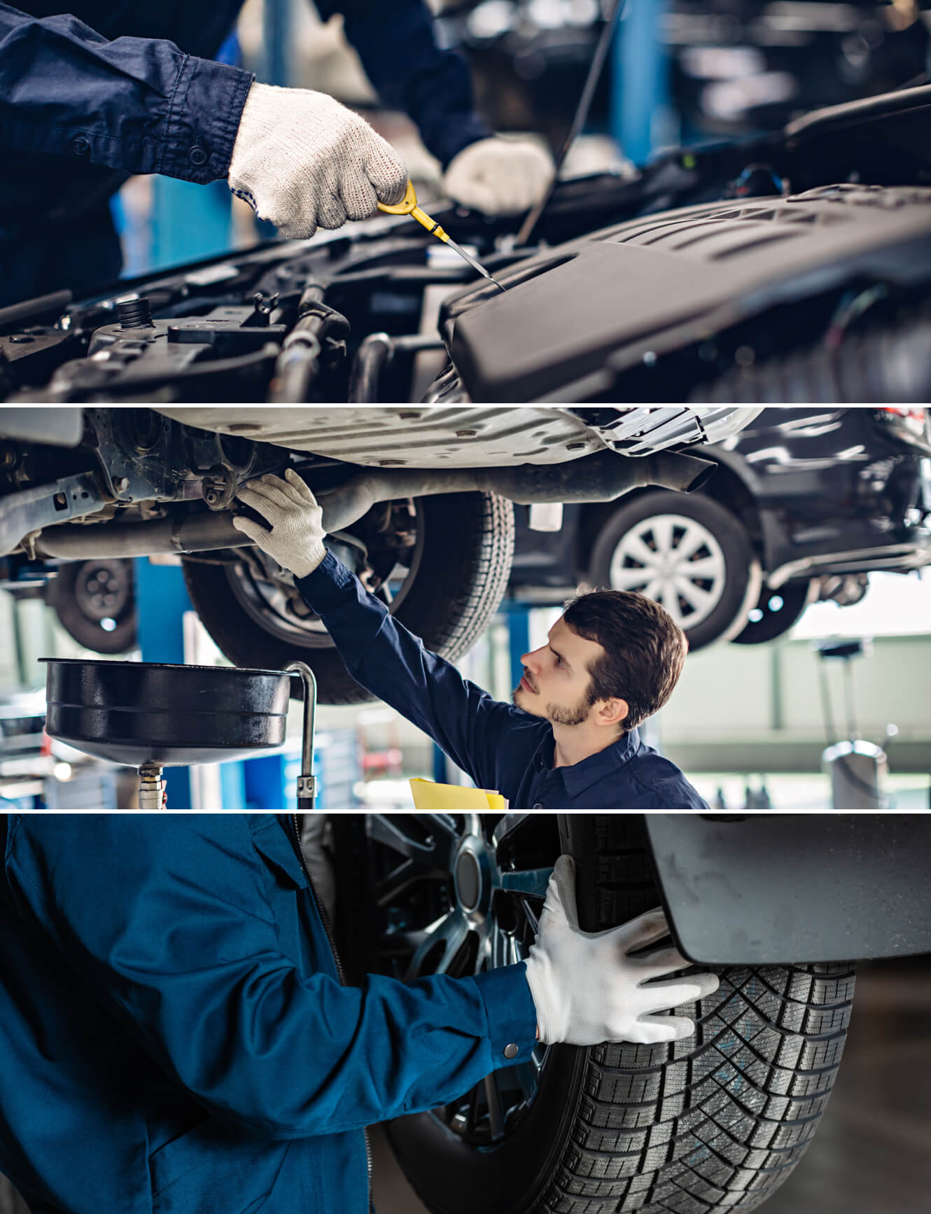3 images of a McGee Automotive Service Technician working on a car's engine, exhaust system, and tires
