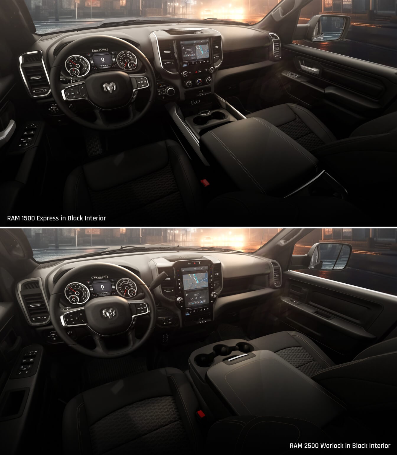 Interior dashboard shots of the 2026 Ram 1500 Express and Ram 2500 Warlock
