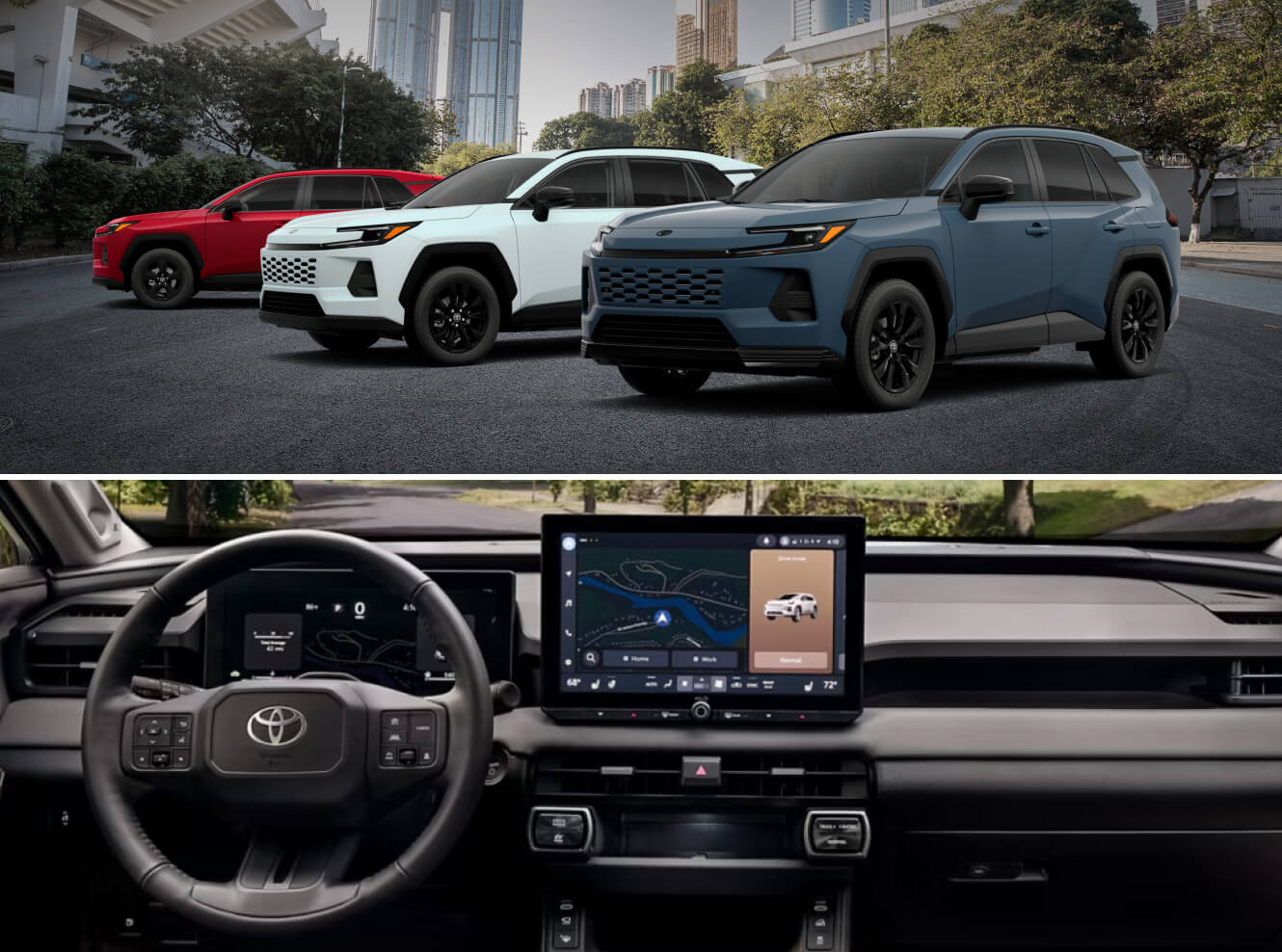 Three 2026 Toyota RAV4 trim levels side by side & Toyota RAV4 interior view of dashboard and navigation system