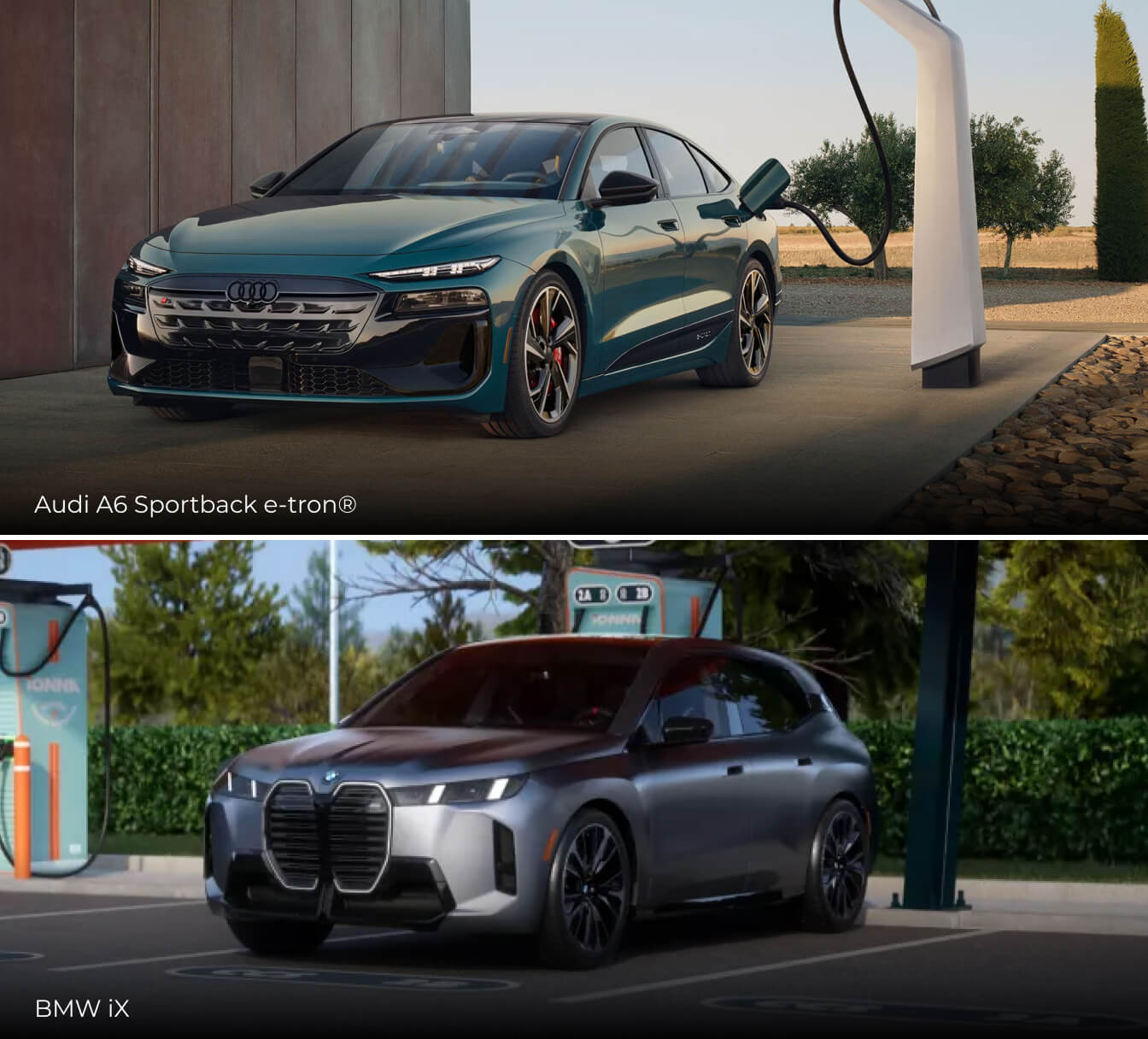Front three-quarter views of a teal Audi A6 Sportback e-tron and a silver BMW iX parked at chargers.