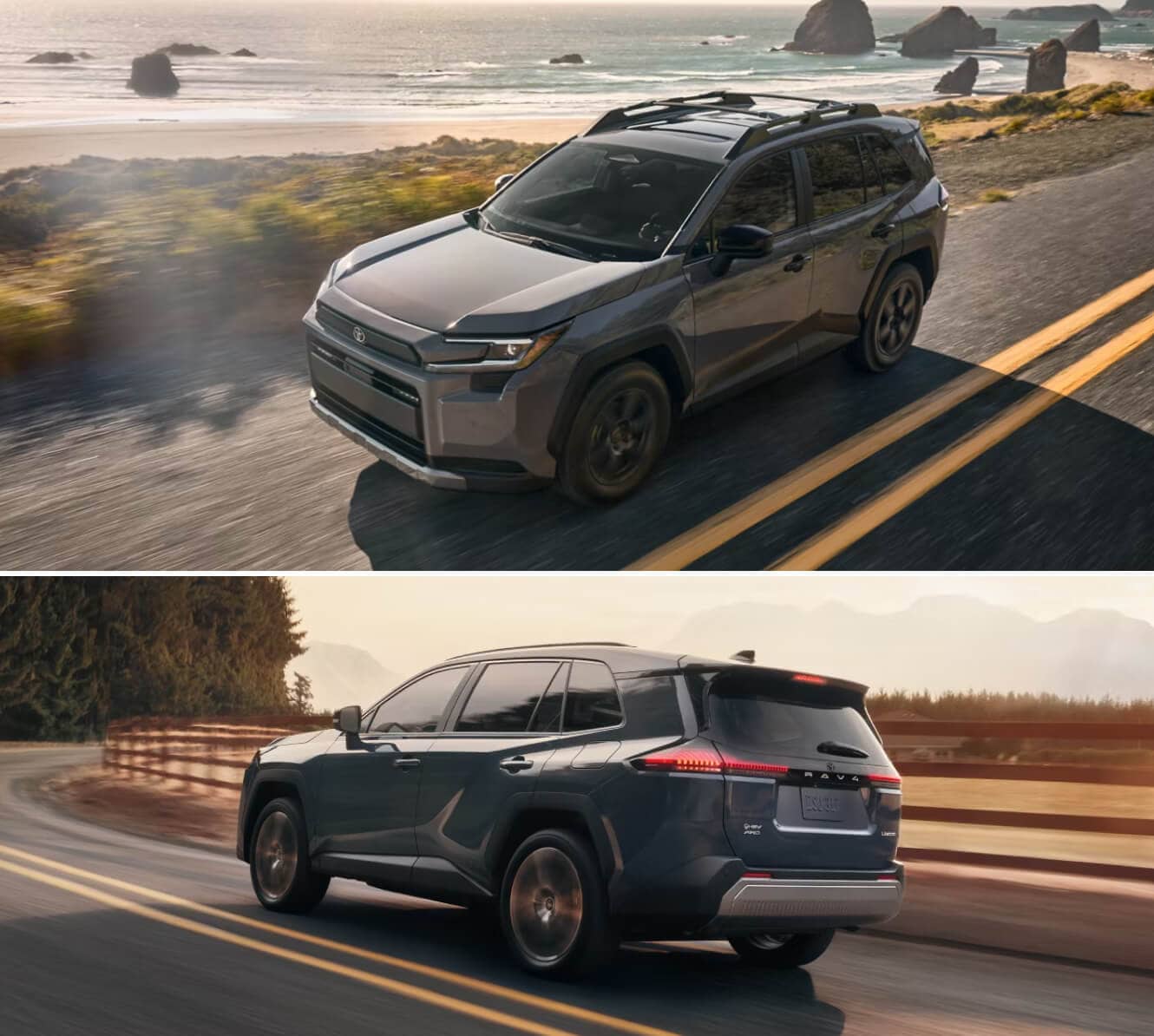 2026 Toyota RAV4 Woodland driving down an oceanside highway & a rear 3/4 view of a Toyota RAV4 Limited driving along a field