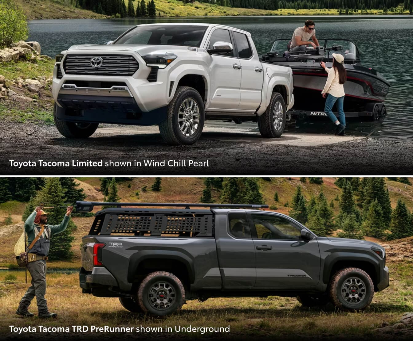 Two shots of Toyota Tacoma trucks being used for outdoor hobbies, one for fishing and the other for boating