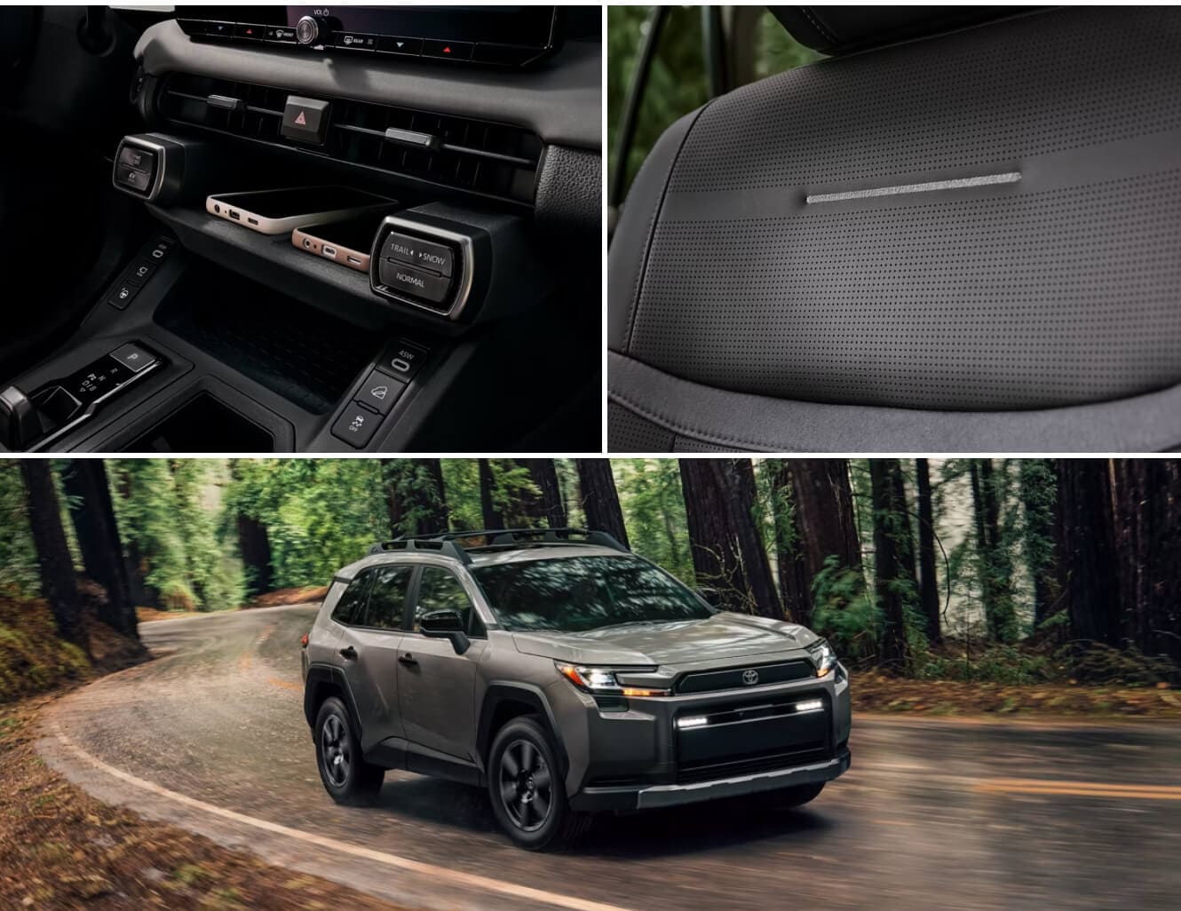 2026 Toyota RAV4 interior details & a Toyota RAV4 Woodland driving down a forest road