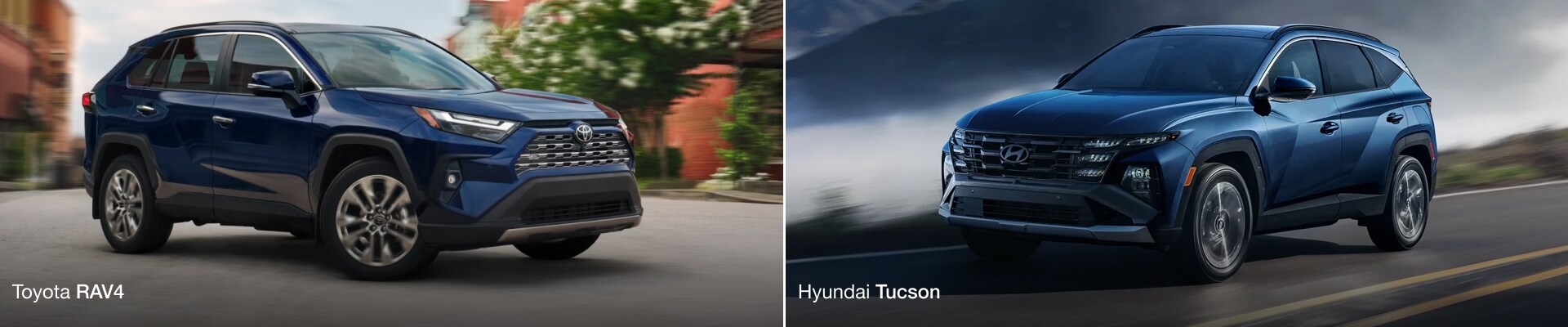 Toyota RAV4 juxtaposed to a Hyundai Tucson in a similar shade of dark blue