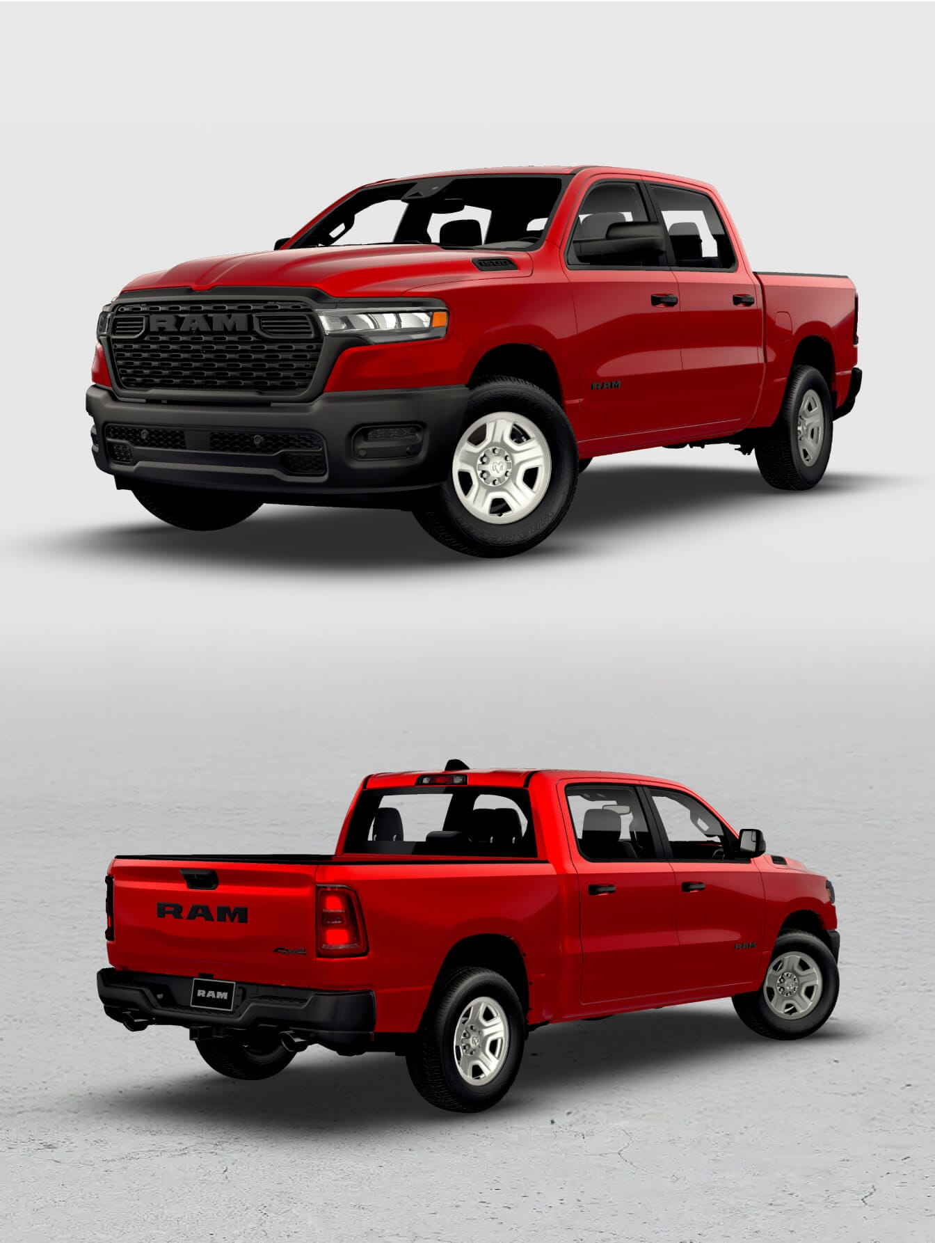 Front and back three-quarter view shots of the 2026 RAM 1500 Tradesmen in Molten red
