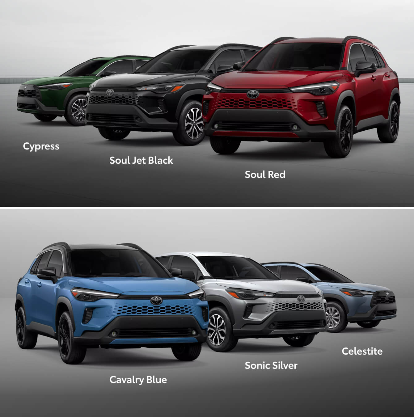 Hybrid XSE in Soul Red Crystal, Hybrid SE in Soul Jet Black, XLE in Cypress, Hybrid XSE in Cavalry Blue, Hybrid S in Sonic Silver, LE in Celestite
