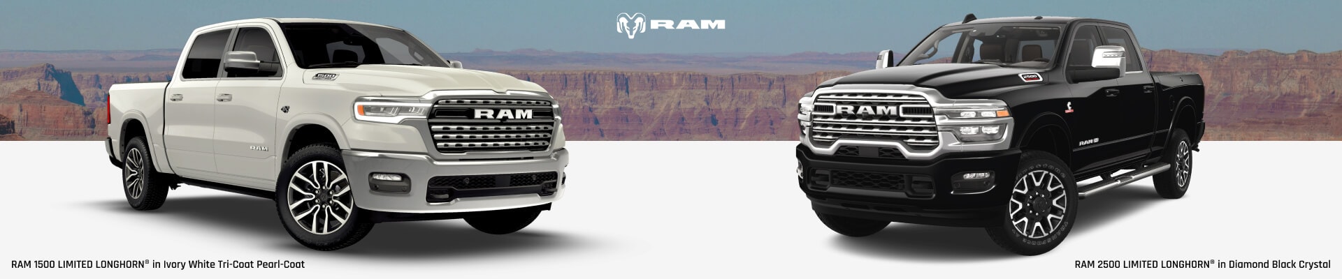 Two Ram 1500 Limited Longhorn Trucks: one in Ivory White and one in Diamond Black