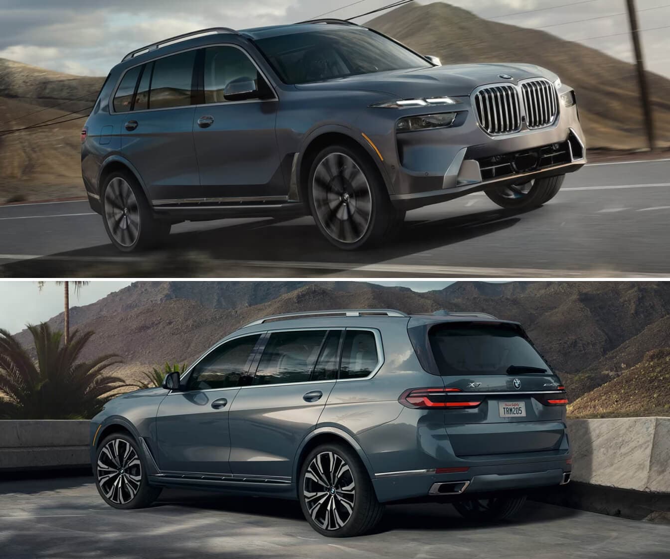 2026 BMW X7 front three-quarter view and back three-quarter view
