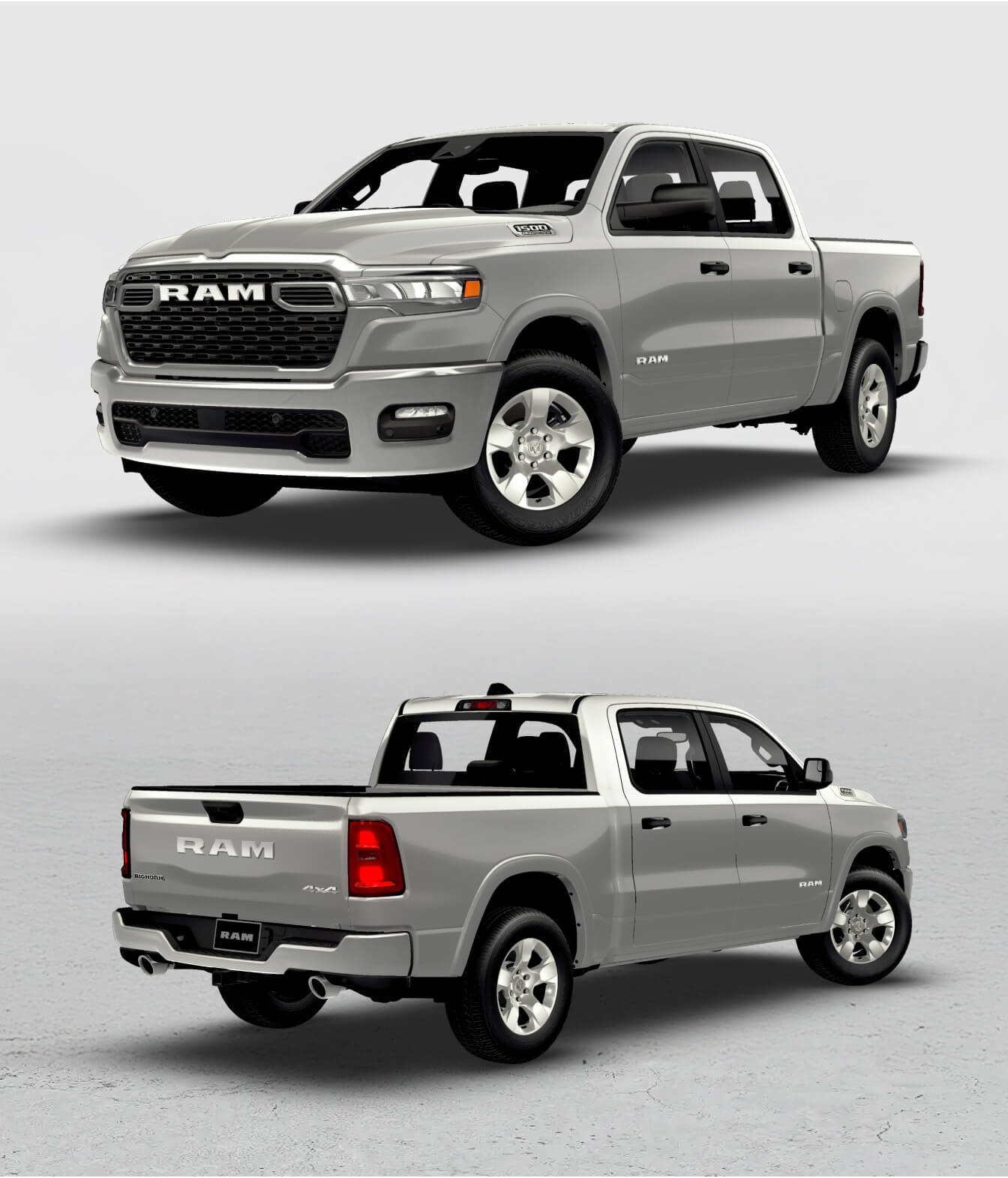 Front and back three-quarter view shots of the 2026 RAM 1500 Big Horn in Silver Zynith