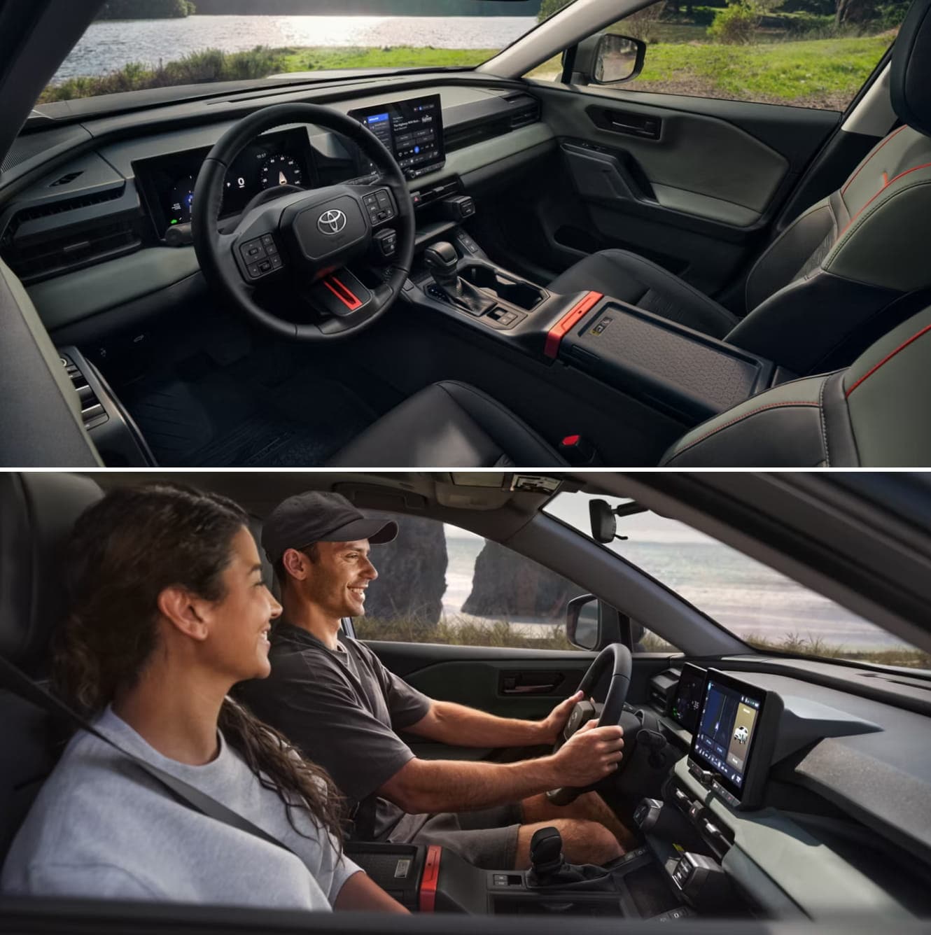 Two shots of the interior of a 2026 Toyota RAV4 Woodland, one with people and one with an empty vehicle