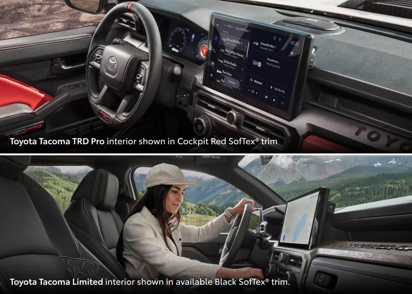 Two interior front seat and dashboard views of 2026 Toyota Tacoma Trucks