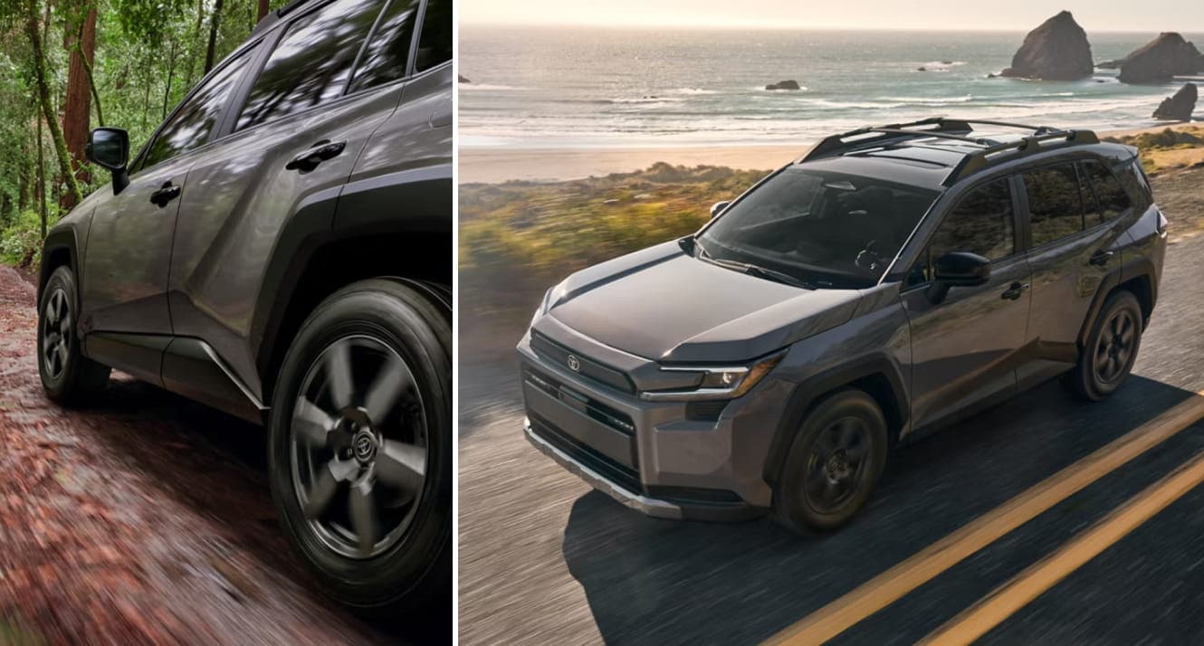 Two shots of a 2026 Toyota RAV4 Woodland in Urban Rock.