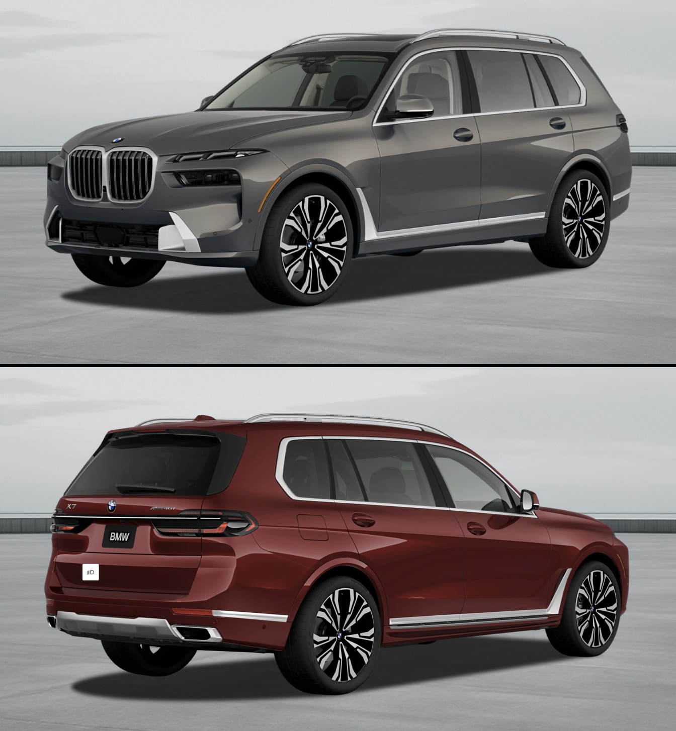 Two new 2026 BMW X7 SUVs facing different directions, one in copper and one in red