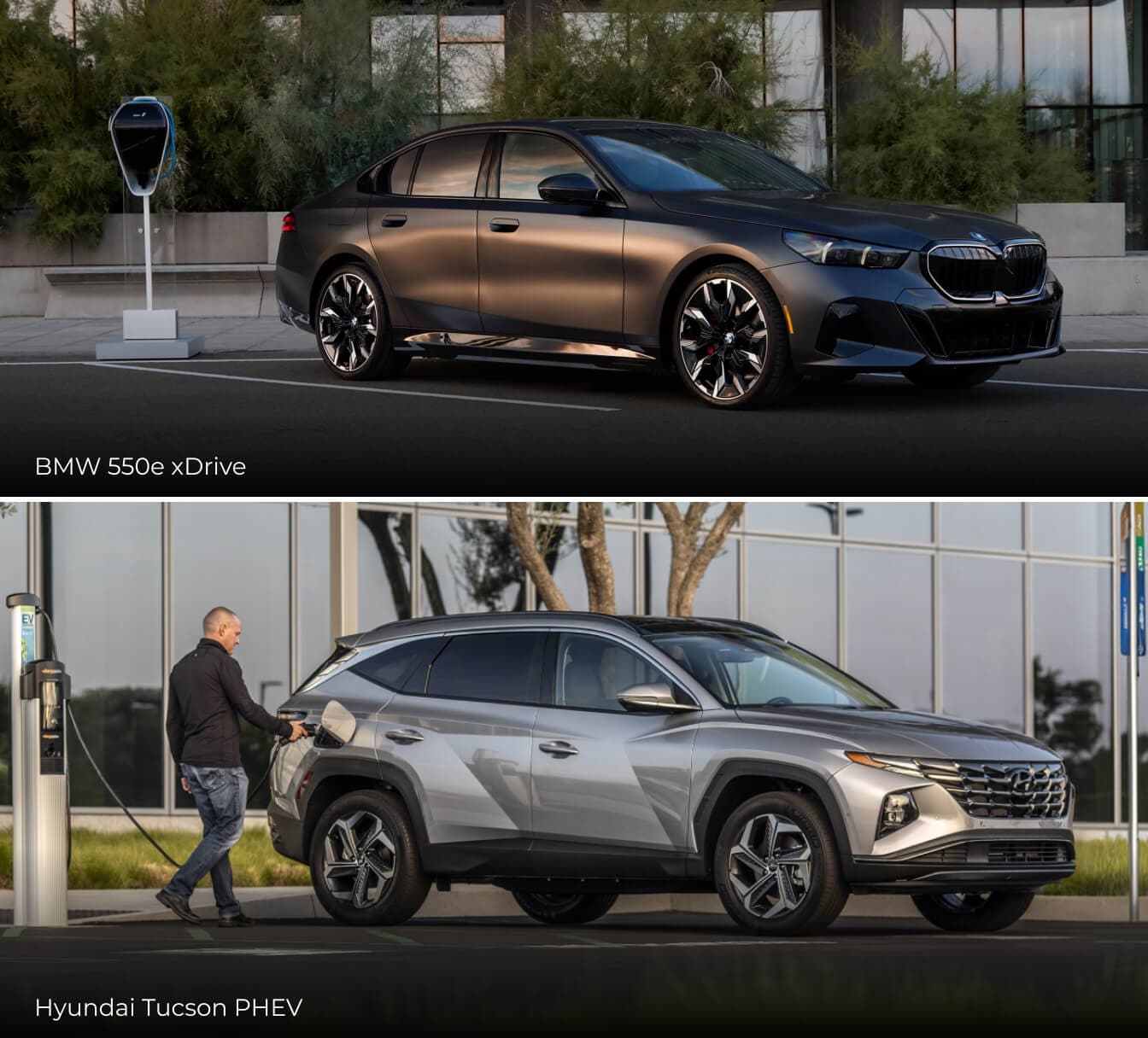 Side views of a matte black BMW 550e xDrive and a silver Hyundai Tucson PHEV both parked at chargers.