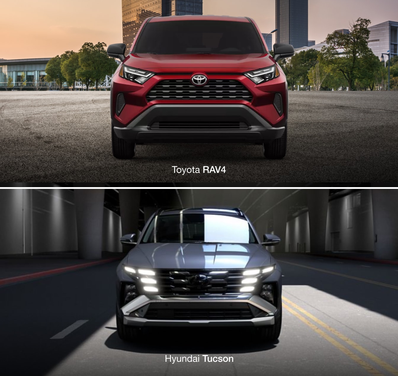 Front view of both the Toyota RAV4 and Hyundai Tucson