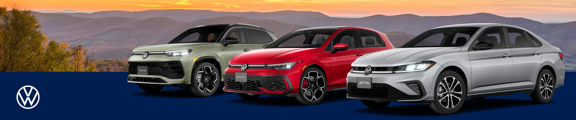 2026 VW Tiguan SEL R-Line Turbo in Avocado Green Metallic Deep Black Pearl, 2026 VW Golf GTI Autobahn 2.0 TSI in Kings Red Metallic, 2026 VW Jetta Sport Pyrite Silver Metallic