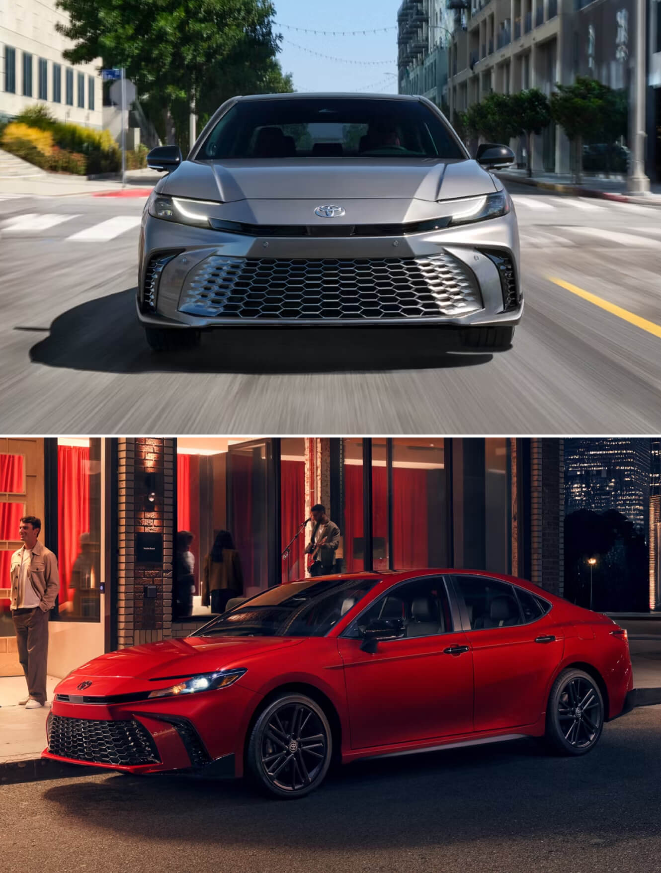 Front view of a 2026 Toyota Camry XSE in Heavy Metal driving on a city street & a 2026 Toyota Camry Nightshade in Supersonic Red parked at night