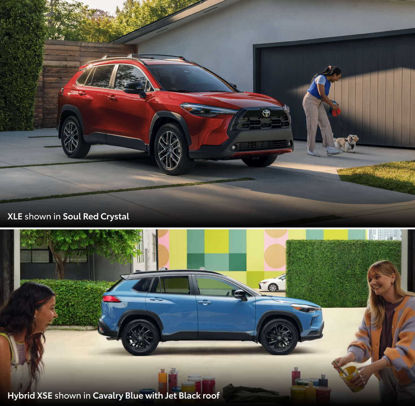 2026 Toyota Corolla Cross Hybrid XSE in Cavalry Blue with Jet Black roof / 2026 Toyota Corolla Cross XLE in Soul Red Crystal