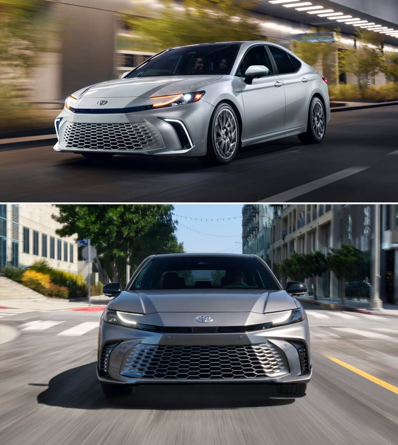 Two stacked images of Toyota Camry sedans driving in a city in shades of silver