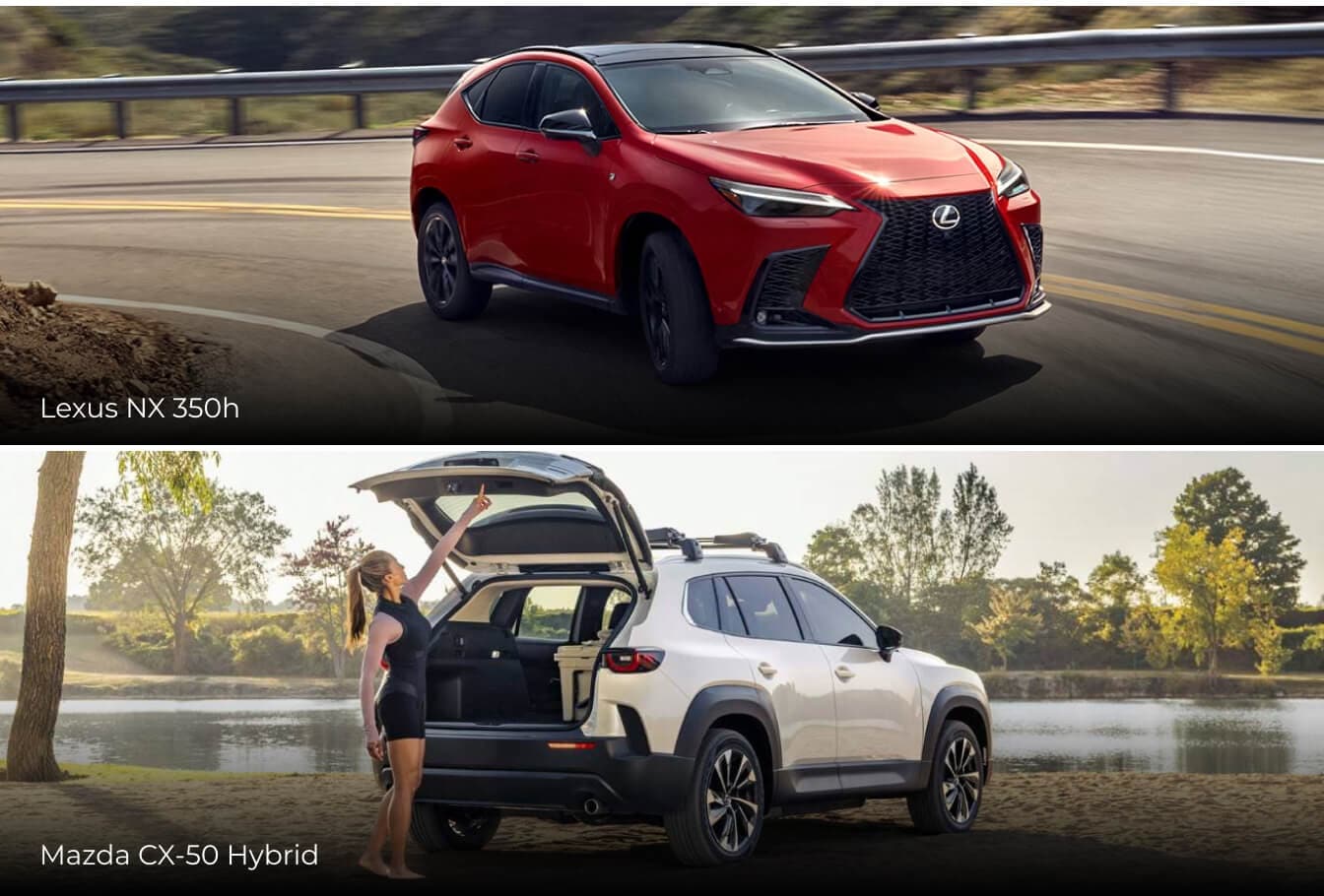 Front action shot of a Lexus NX 350h cornering on a switchback. Rear view of a Mazda CX-50 with tailgate open.
