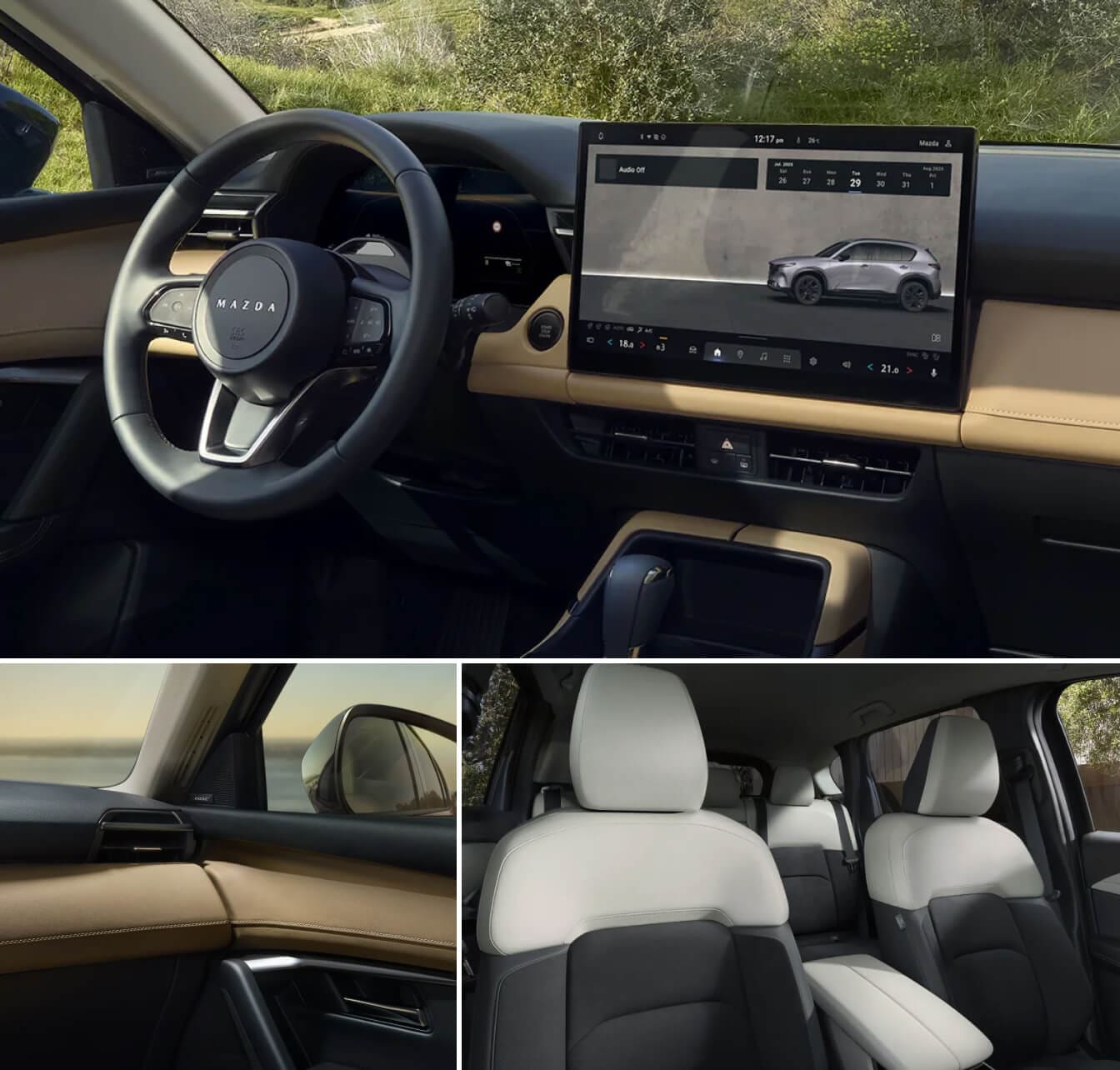 Collage of close-up detail shots showing Mazda CX-5 interior features including cockpit, upholstery and speakers.