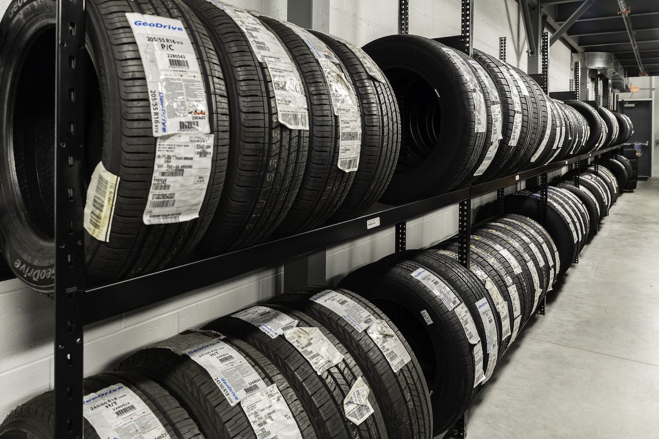 Tire rack in the parts department at McGee Toyota of Putnam, Connecticut