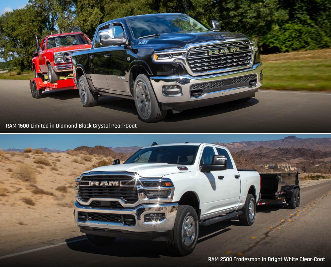 Ram 1500 Limited towing an older Ram Truck up top and a Ram 2500 Tradesmen towing a small trailer on bottom