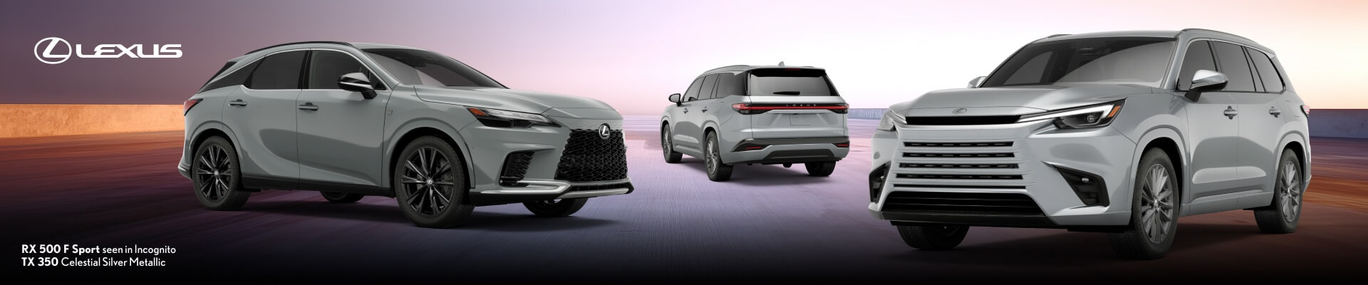 2026 Lexus RX and TX SUVs in gray and white, shown from front and rear on a stylized sunset road.