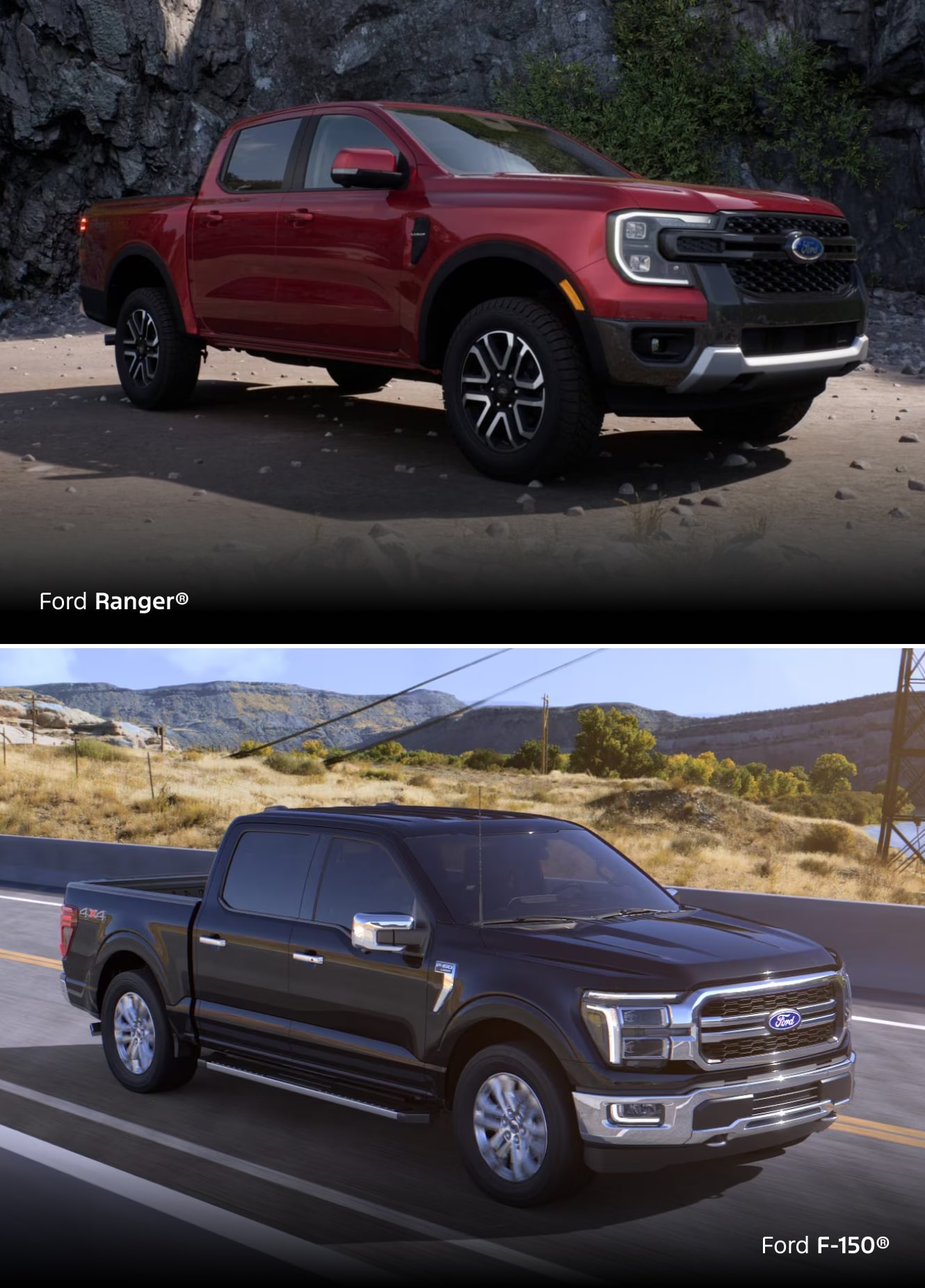 A 2025 Ford Ranger in Ruby Red Metallic Tinted Clearcoat parked outdoors and a 2025 Ford F-150 in Agate Black Metallic driving on the highway