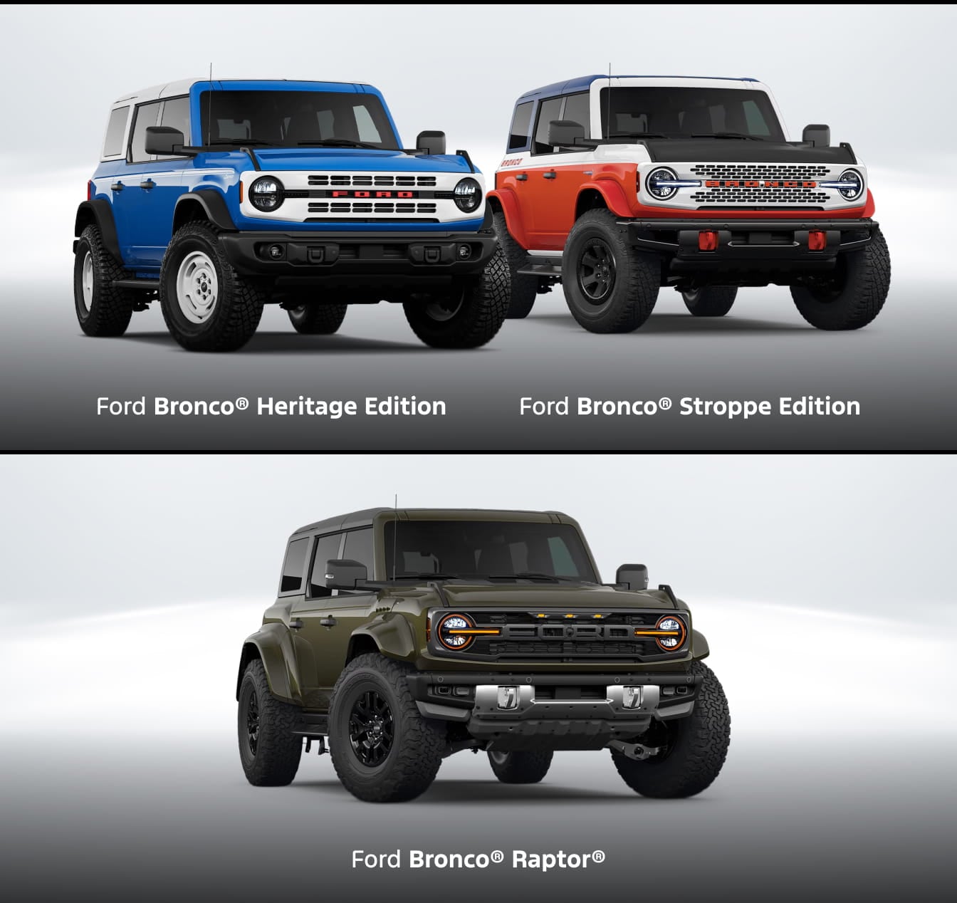 Three Ford Bronco special edition trims with descriptions underneath: Heritage Edition, Stroppe Edition, and Ford Bronco Raptor